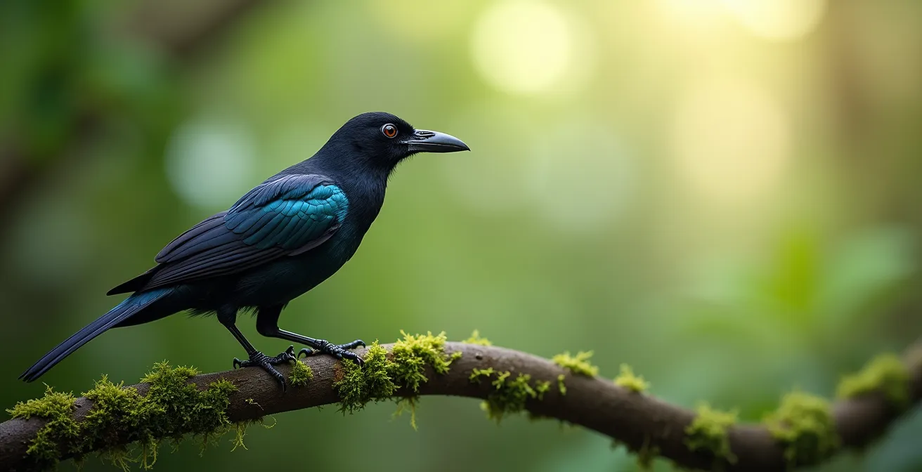Ave endémica Cigua Palmera posada en rama con bosque nuboso de fondo