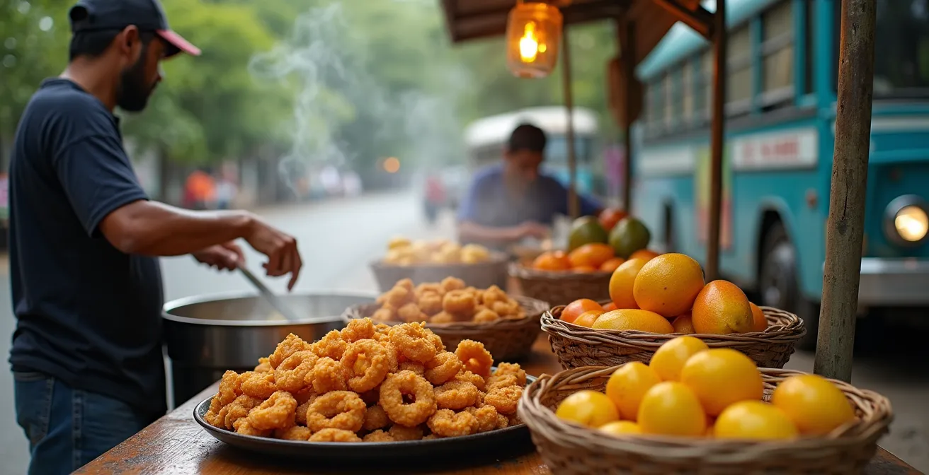 Puesto de comida tradicional en una parada de autobús, con frituras doradas y frutas tropicales frescas.