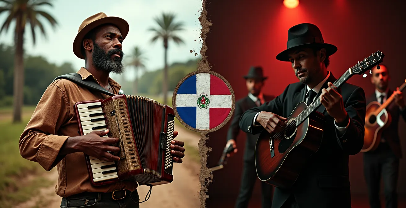 Contraste visual entre músico rural con acordeón y orquesta urbana