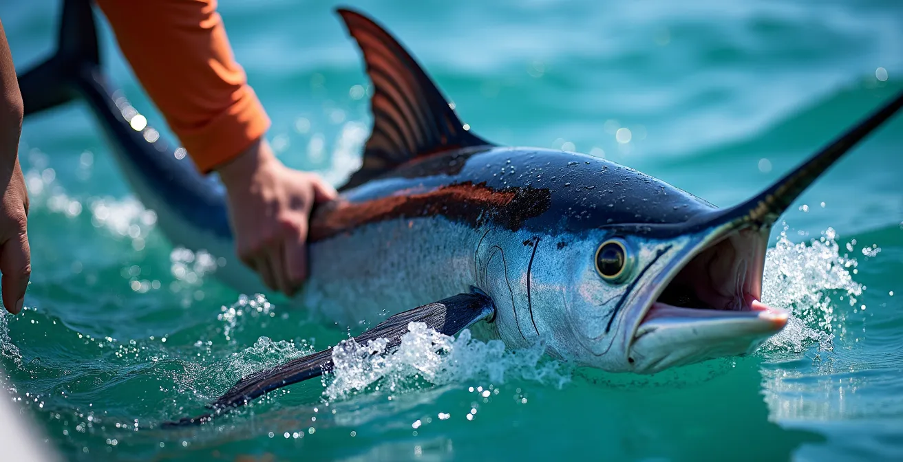 Pescador practicando catch and release con un marlin azul en aguas caribeñas