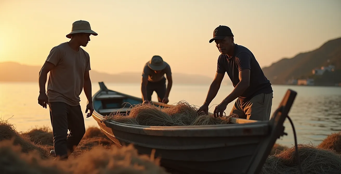 Pescadores locales preparando su barca tradicional al amanecer en la costa de Pedernales