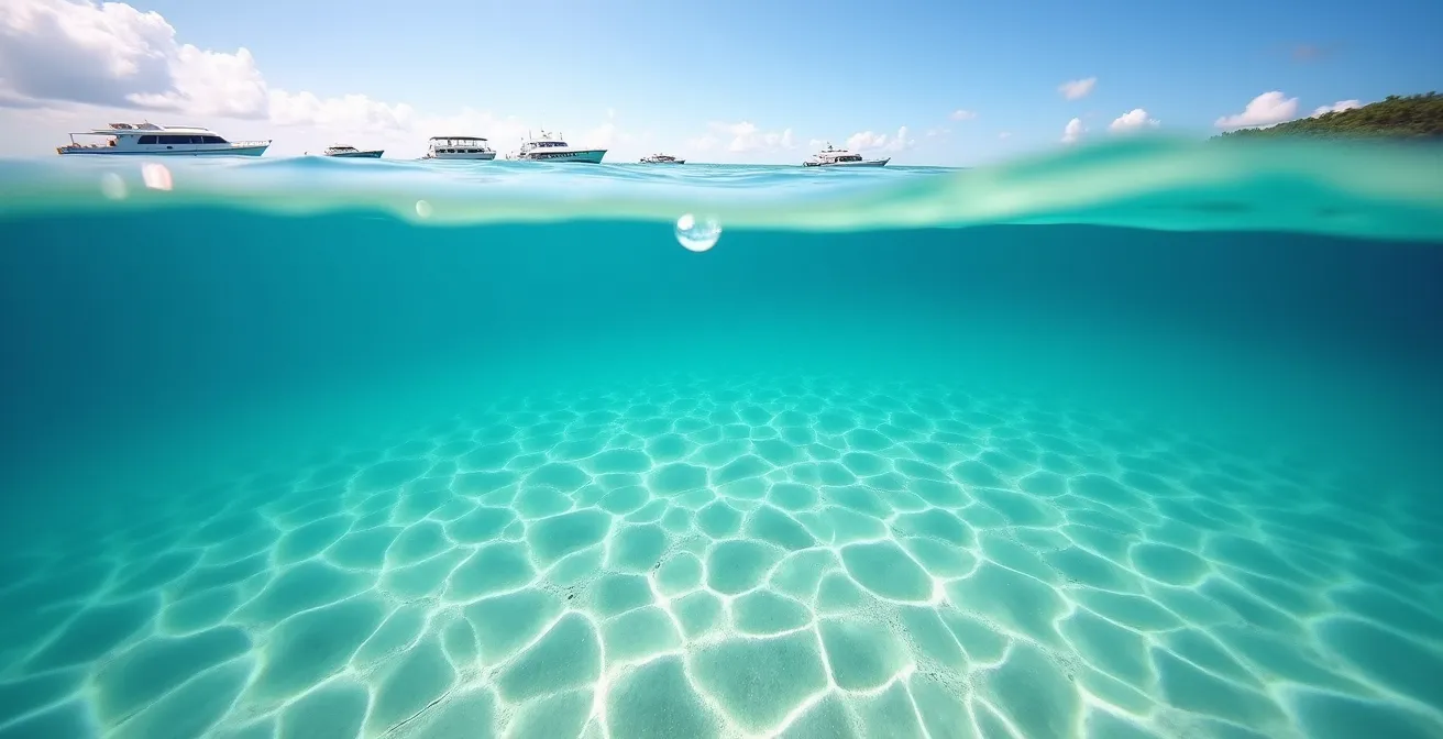 Piscina natural en medio del mar Caribe con aguas cristalinas poco profundas y banco de arena blanca