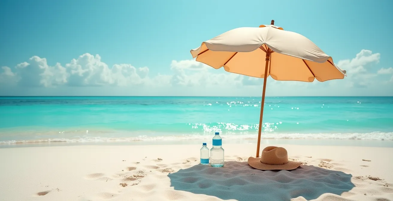 Playa virgen con sombrilla solitaria creando sombra sobre arena blanca bajo sol intenso