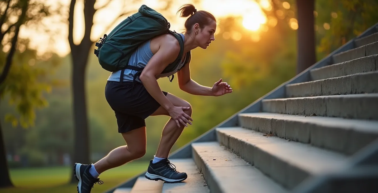 Persona entrenando en escaleras con equipo de montaña para una caminata exigente