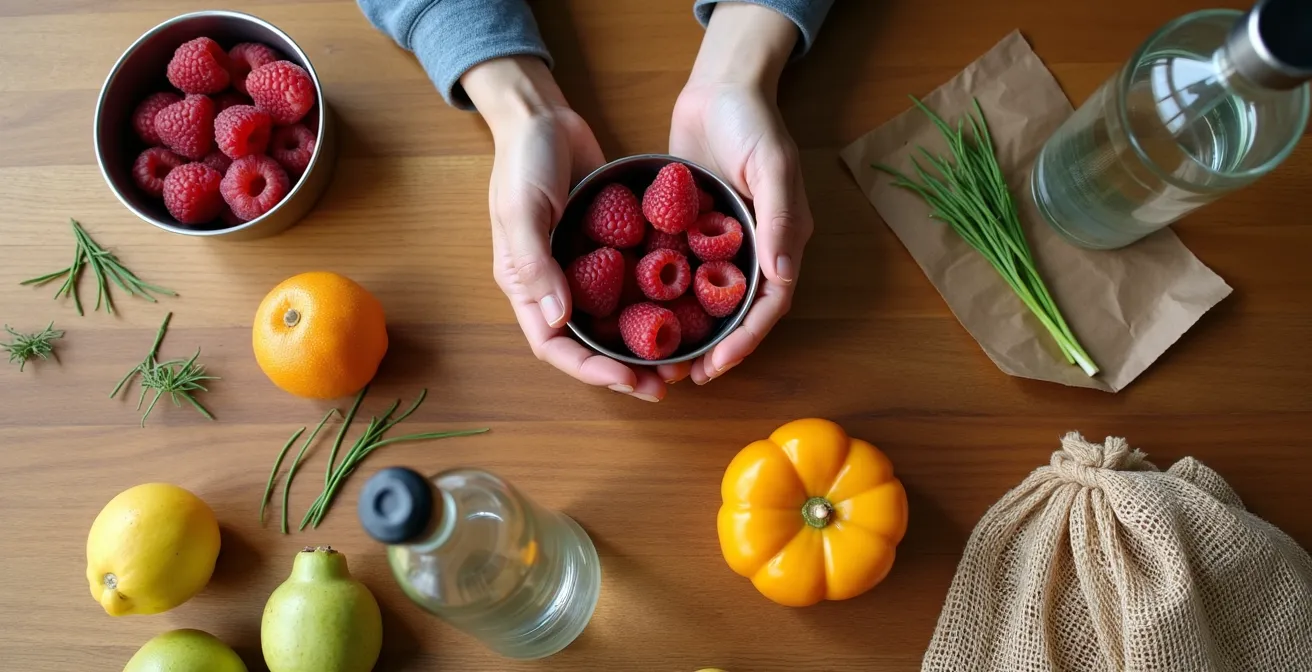 Mesa de preparación con recipientes reutilizables y productos a granel sin envases