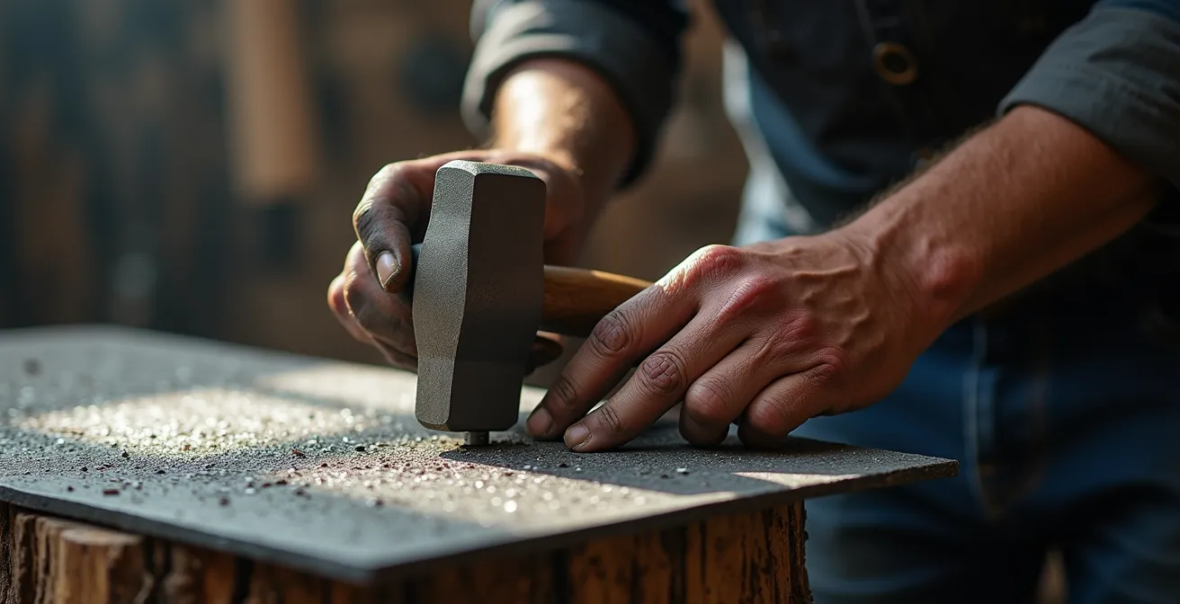 Manos de artesano trabajando lámina de acero con martillo y clavo sobre tocón de madera