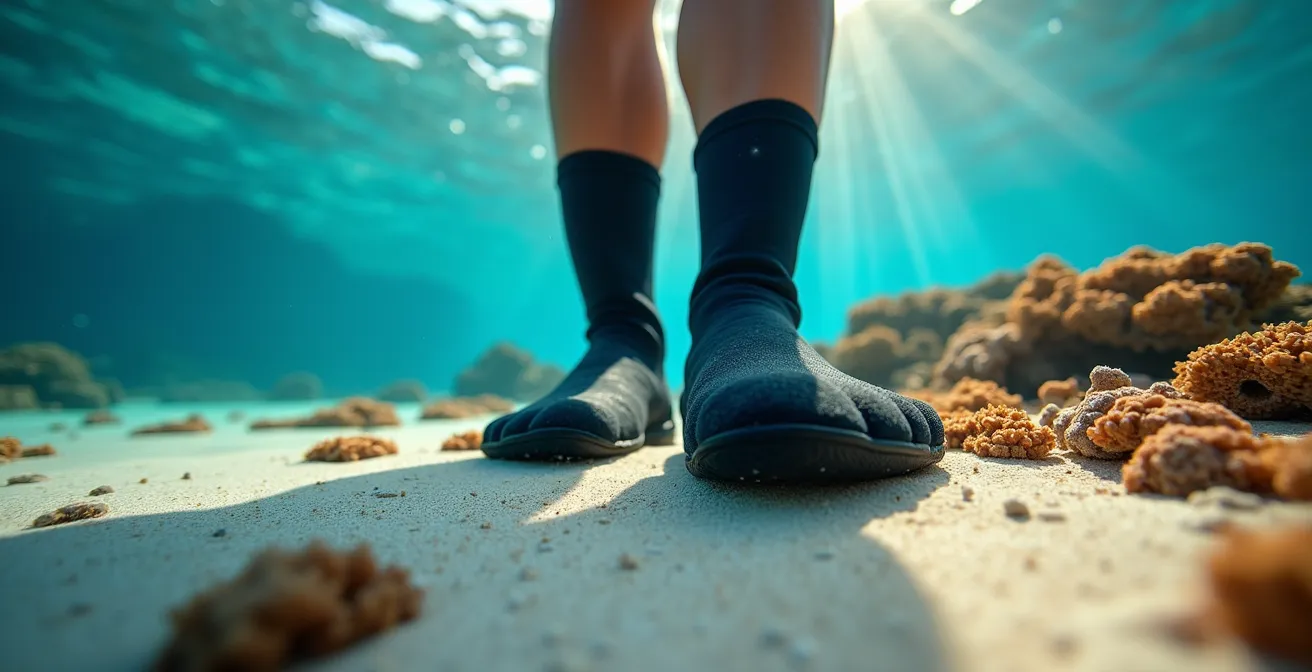 Detalle de escarpines de neopreno en agua cristalina sobre arrecife