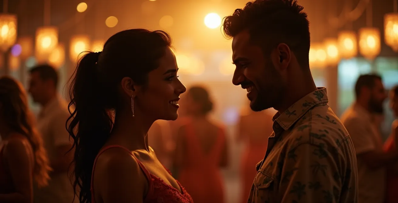 Momento de invitación a bailar con gesto sutil en ambiente de fiesta dominicana