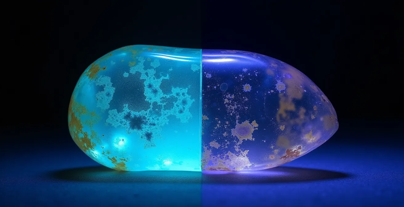 Comparación visual de ámbar auténtico y falsificaciones bajo luz ultravioleta mostrando diferentes fluorescencias