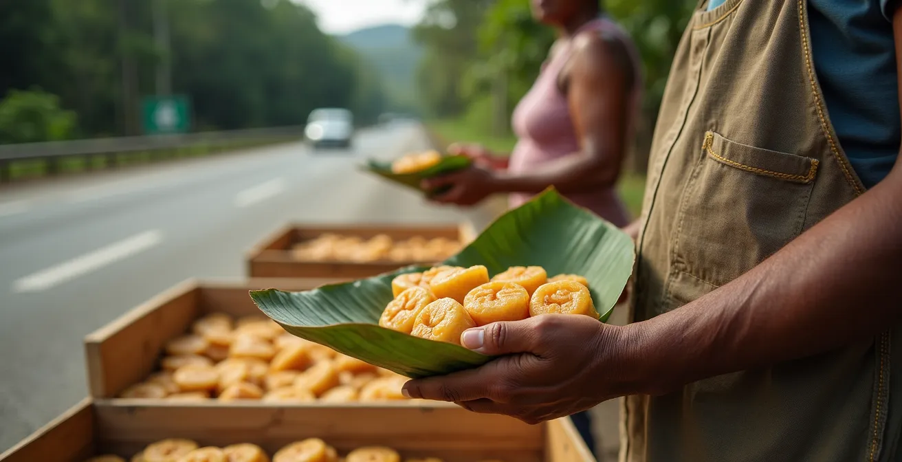 Puesto tradicional de dulces dominicanos en carretera con vendedores locales