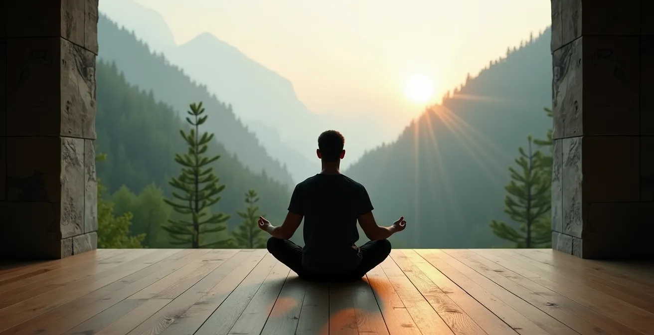 Interior minimalista de un retiro de meditación con vistas a montañas boscosas al amanecer