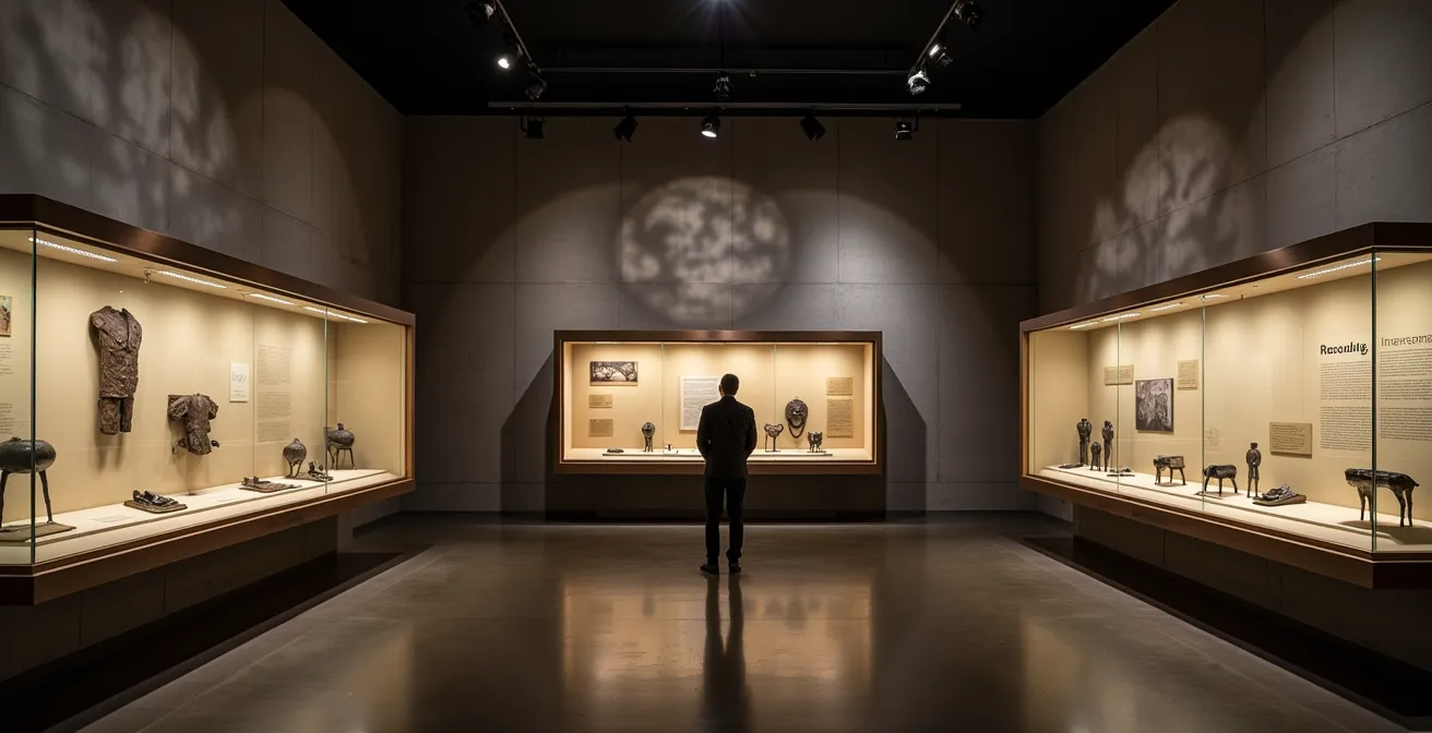 Interior minimalista del Museo de la Resistencia con vitrinas iluminadas mostrando objetos históricos y paredes con testimonios de la época de Trujillo