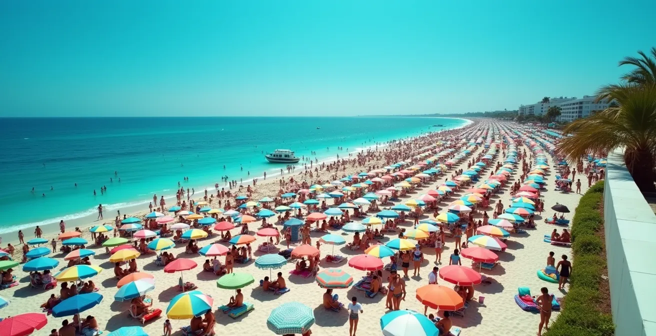 Vista aérea de playa abarrotada durante Semana Santa con sombrillas coloridas y multitudes