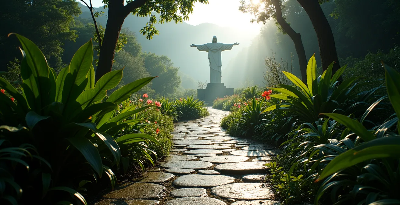 Sendero entre vegetación tropical hacia la estatua del Cristo Redentor en la cima del Cerro Isabel de Torres