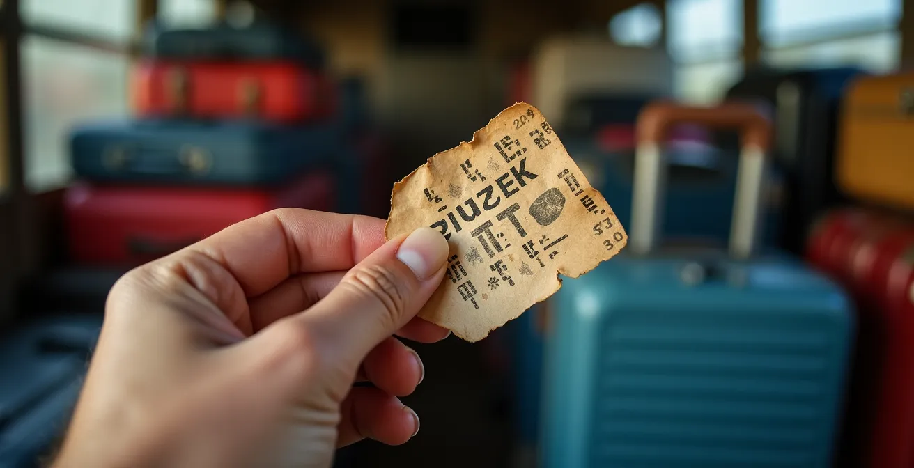 Mano sosteniendo una etiqueta de equipaje de papel junto a una maleta en la bodega de un autobús.