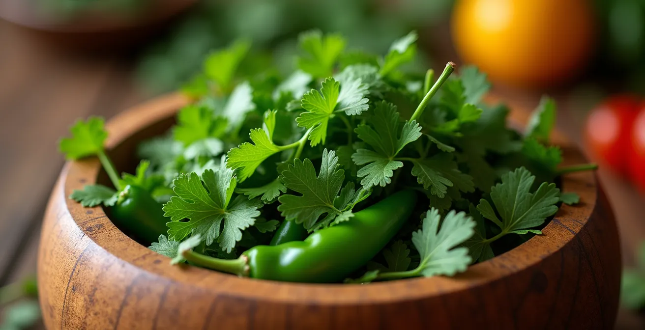 Ingredientes frescos del sofrito dominicano con pilón tradicional