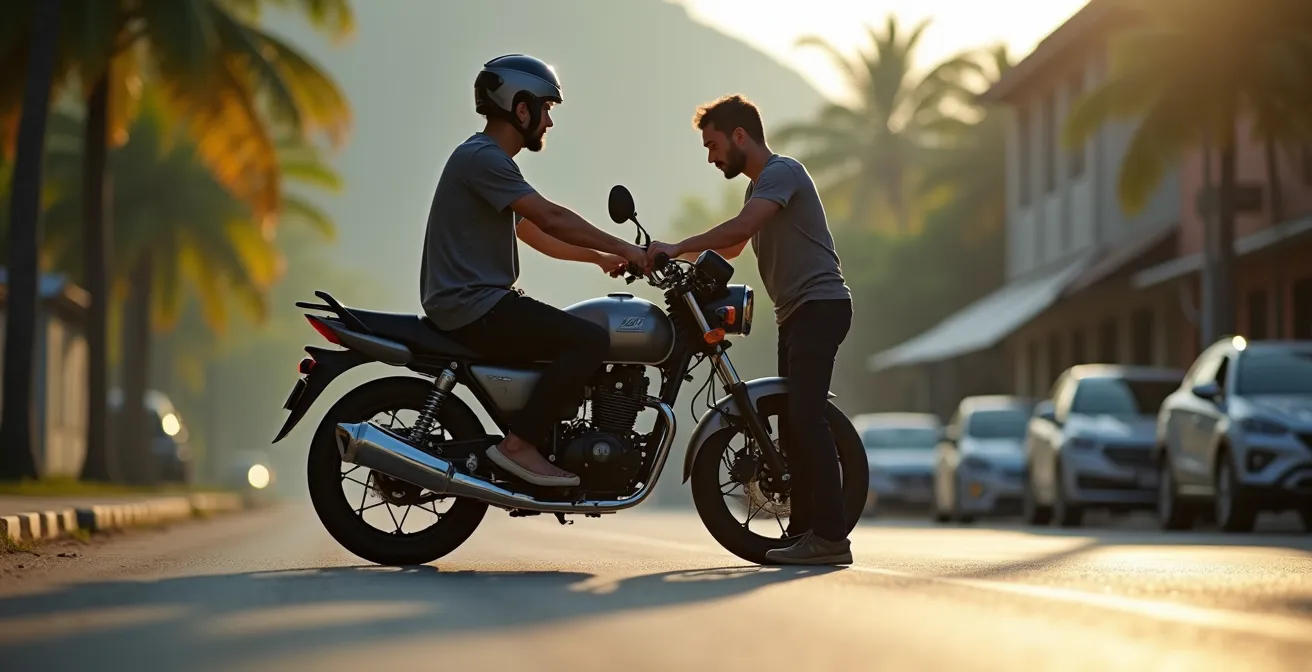 Demostración de la técnica correcta para subir a un motoconcho por el lado izquierdo