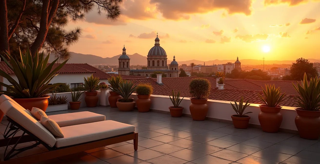 Terraza en azotea con vista panorámica de tejados coloniales y la silueta de la catedral al atardecer