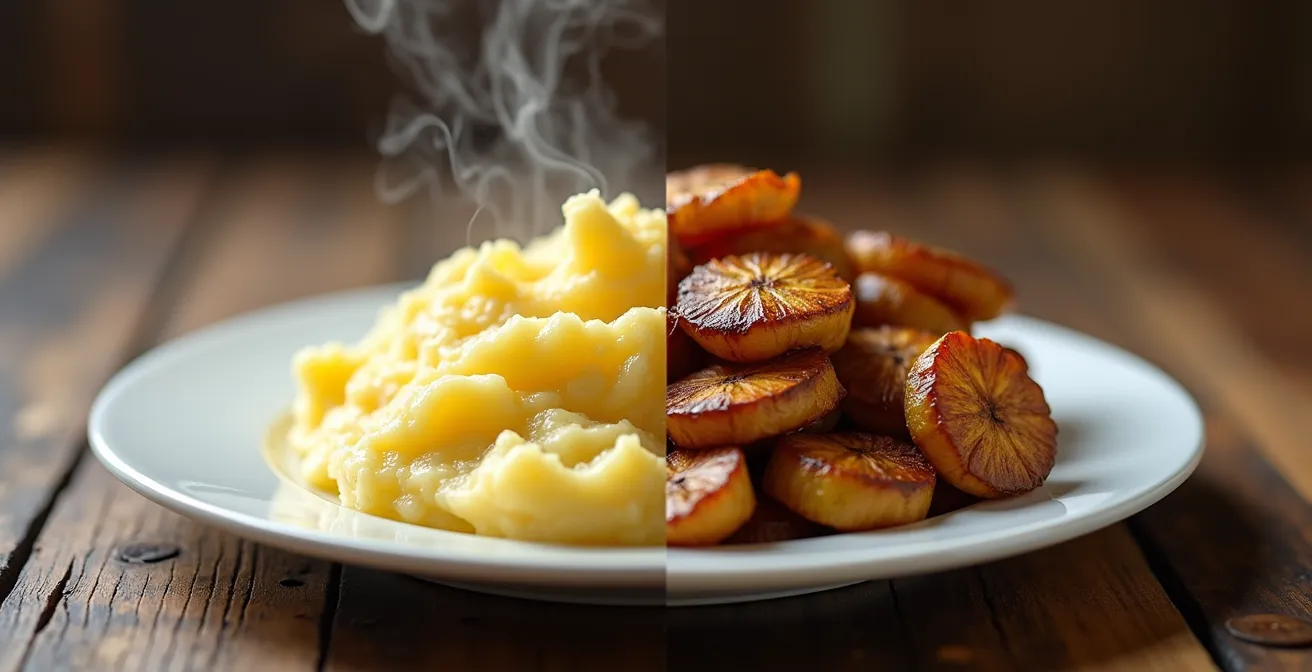 Comparación visual de mangú fresco cremoso y mangú oxidado seco