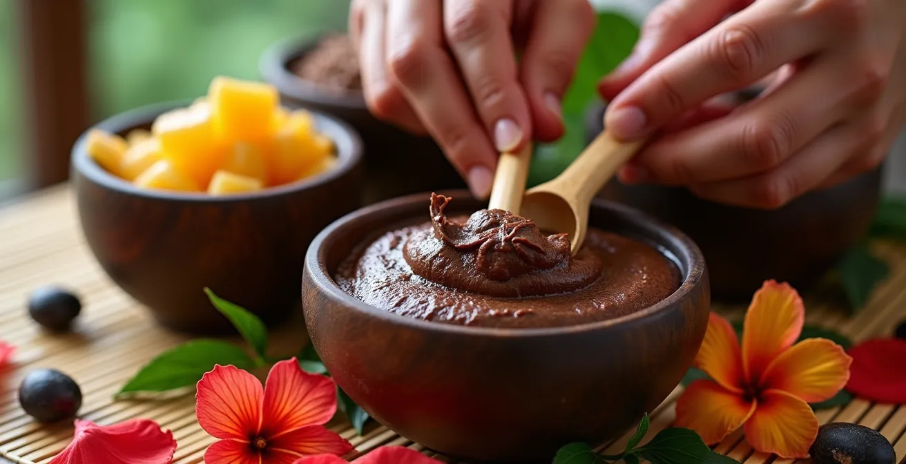 Terapeuta preparando tratamiento autóctono con ingredientes locales del Caribe