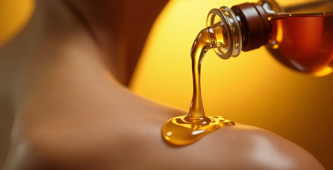 Detalle macro de aceite dorado siendo aplicado sobre piel con textura visible
