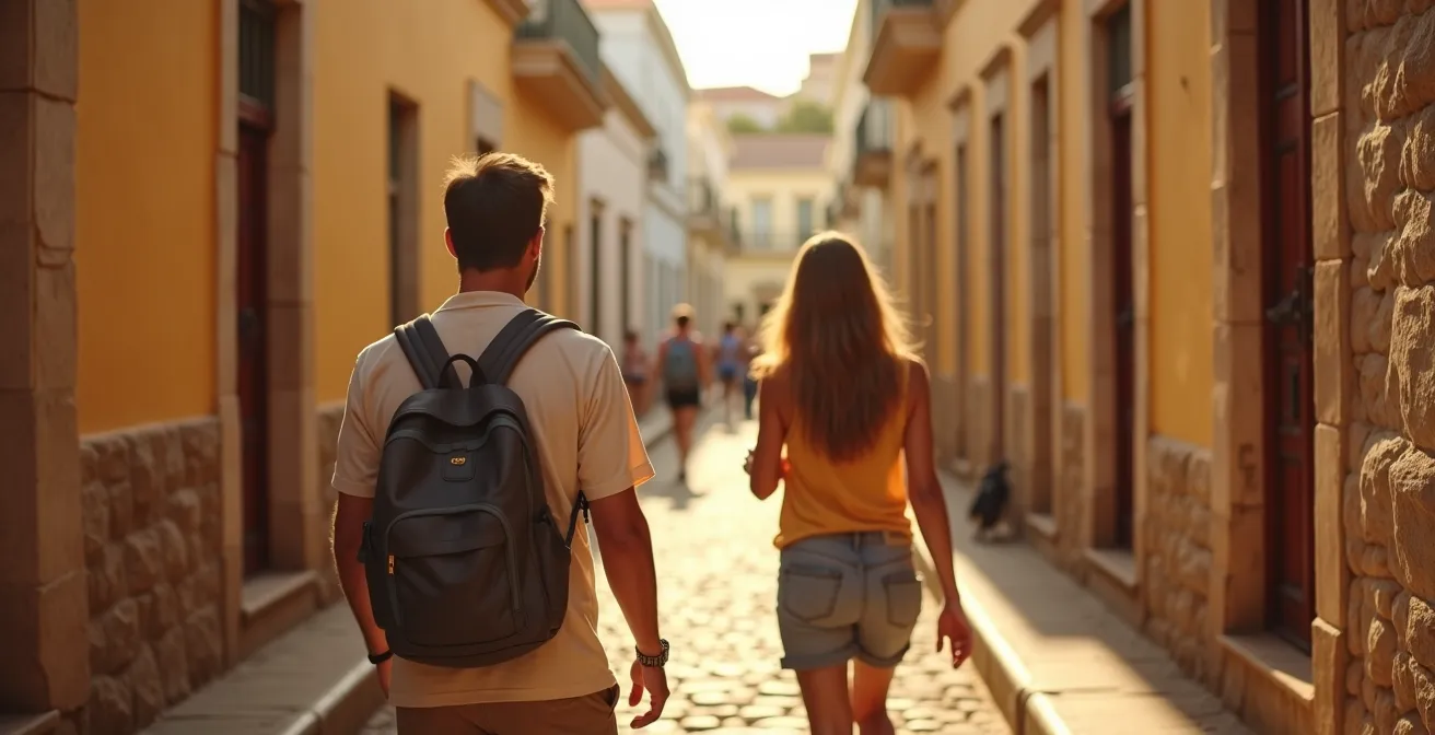 Visitantes explorando respetuosamente los callejones empedrados de la Ciudad Colonial al atardecer, manteniendo distancia de los monumentos históricos