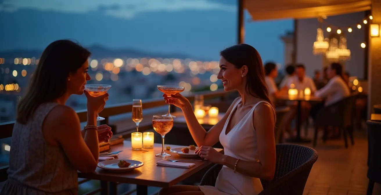 Ambiente nocturno elegante en terraza de Piantini con luces urbanas al fondo