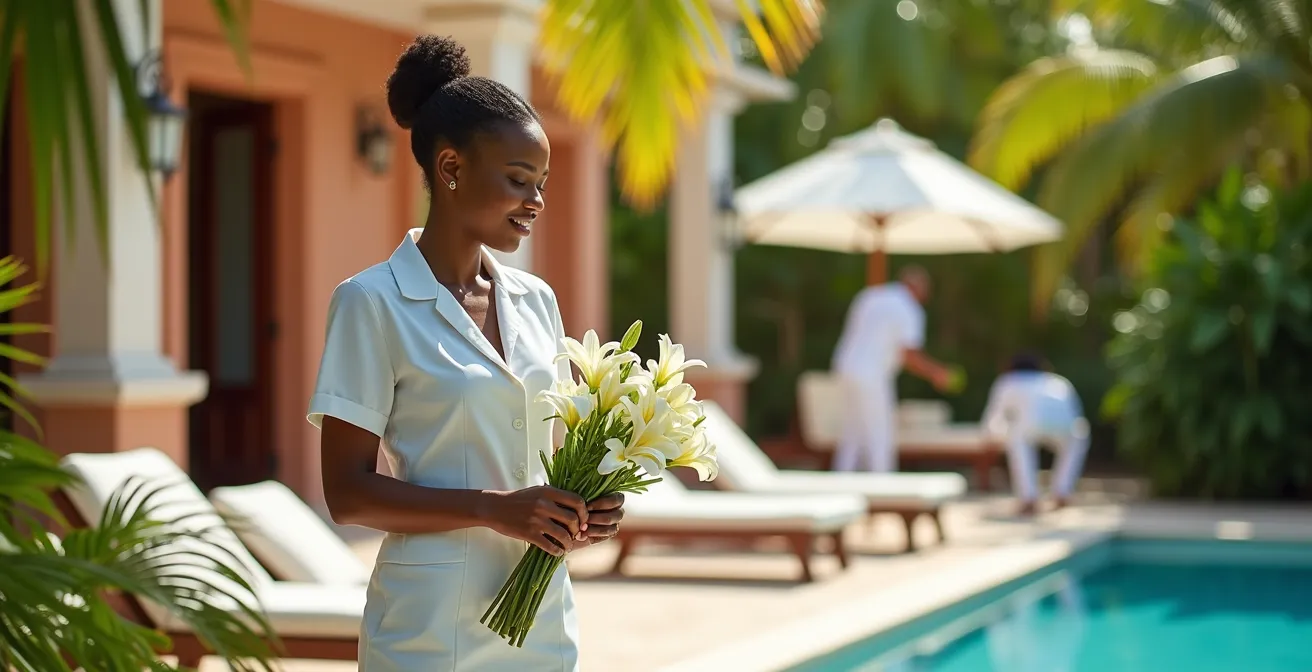 Villa de lujo con piscina privada y personal de servicio preparando el espacio exterior en un entorno tropical