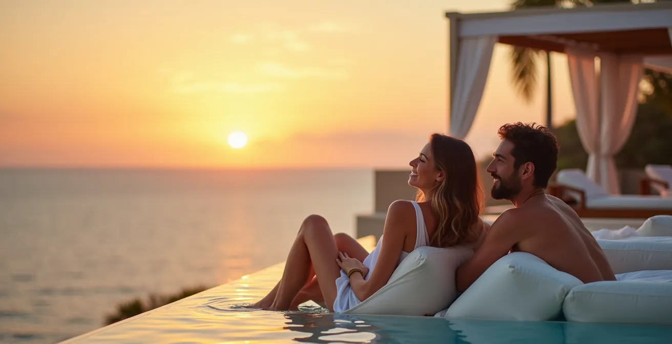 Vista panorámica de zona VIP con piscina infinity y área de descanso premium al atardecer