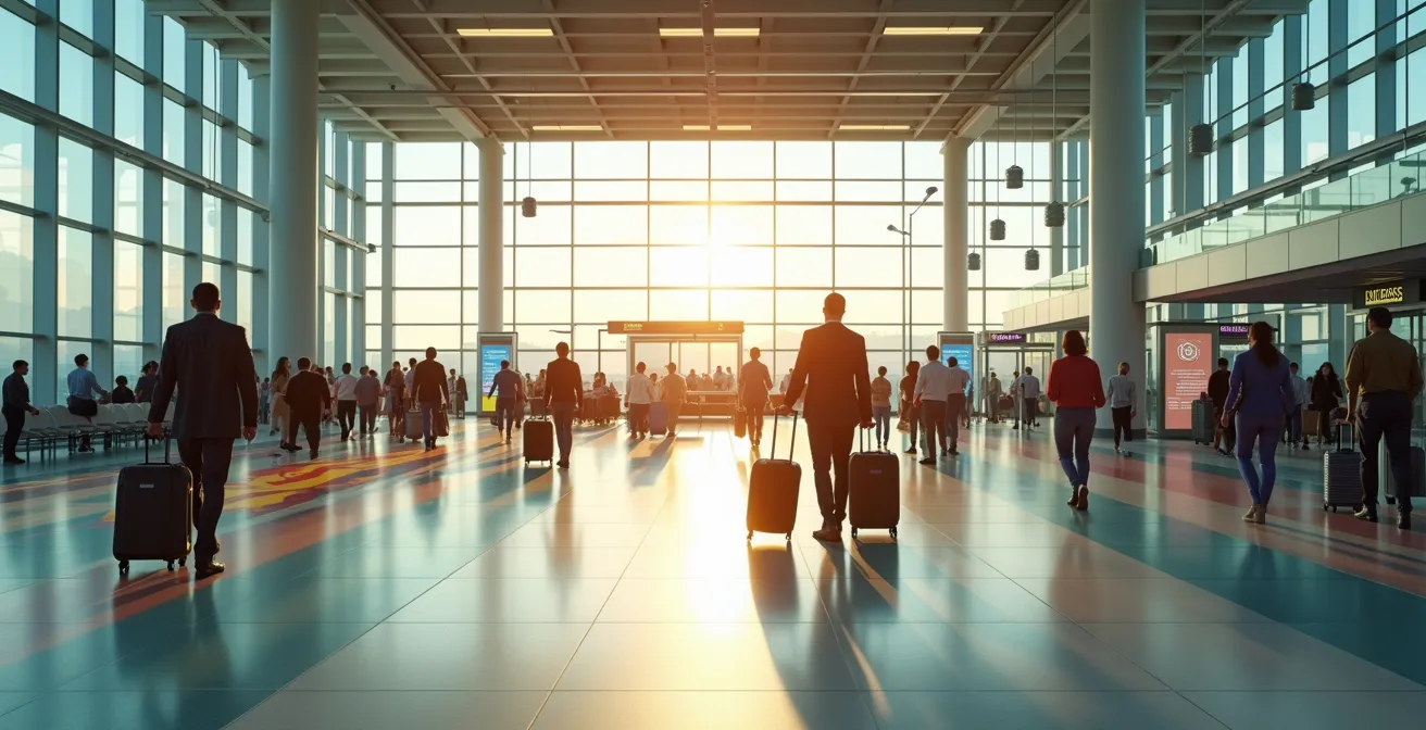 Vista amplia de la zona de llegadas del aeropuerto con señalización de áreas de transporte