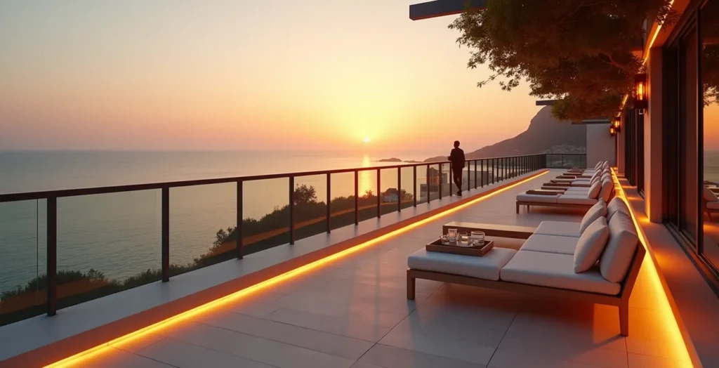 Vista panorámica de una terraza lounge al atardecer con el mar Caribe de fondo Vista panorámica de una terraza lounge al atardecer con el mar Caribe de fondo
